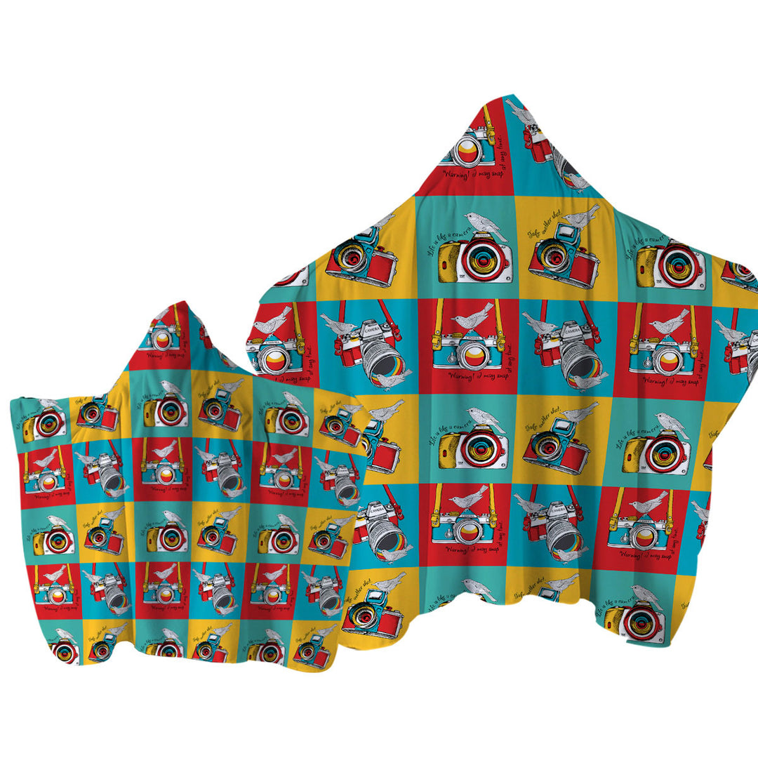 Hooded Beach Towel with Multi Colored Retro Cameras and Birds