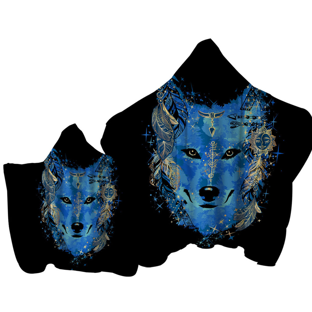 Hooded Beach Towel with Native American Blue Wolf