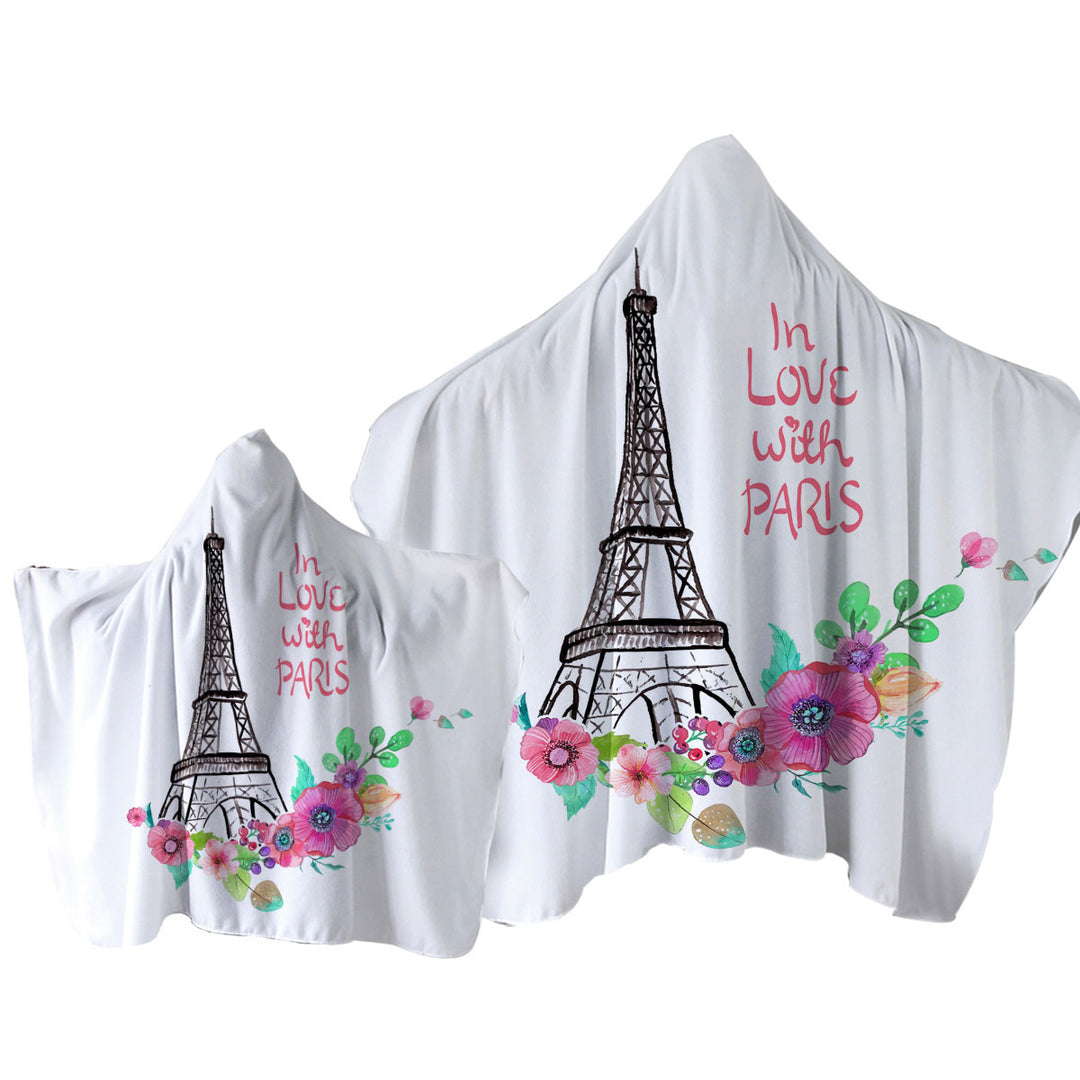 Hooded Beach Towel with Paris Eiffel Tower Drawing and Flowers