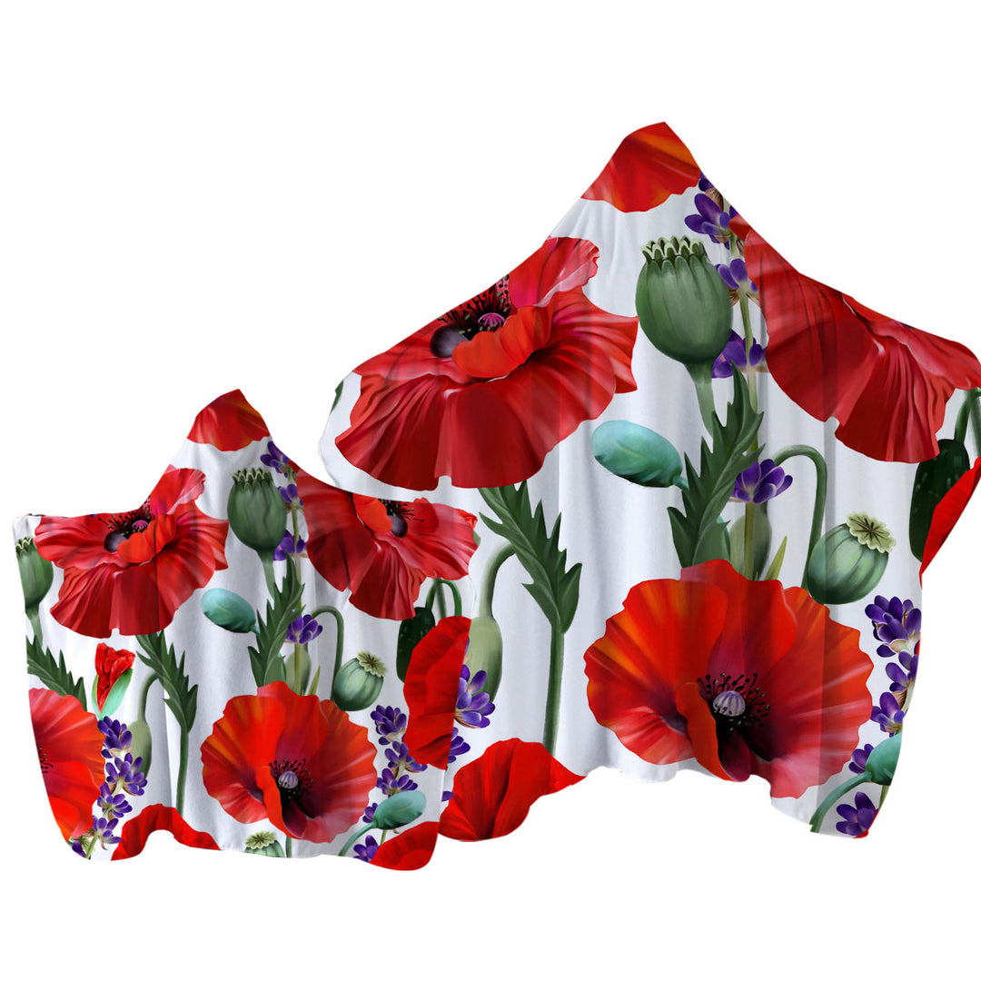 Hooded Beach Towel with Purple Lavender and Red Poppy Flowers