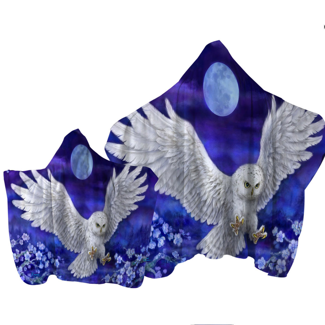 Hooded Beach Towel with Purple Skies Moon Flowers and White Owl