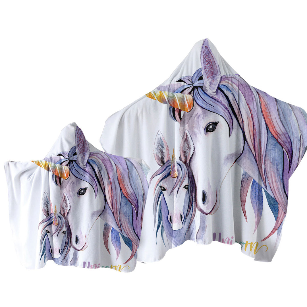 Hooded Beach Towel with Purplish Unicorn Colt and Momma