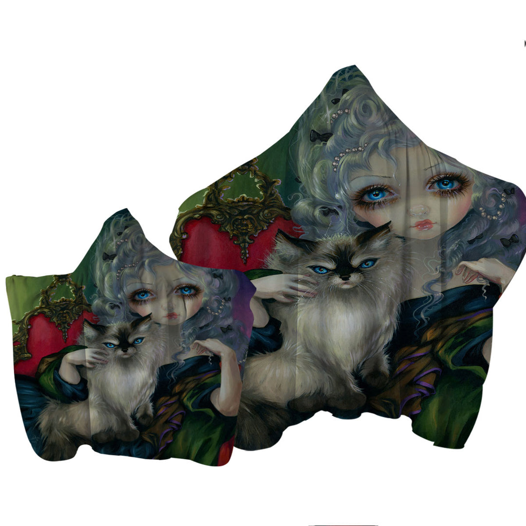 Hooded Beach Towel with Rococo Style Portrait Princess with a Ragdoll Cat