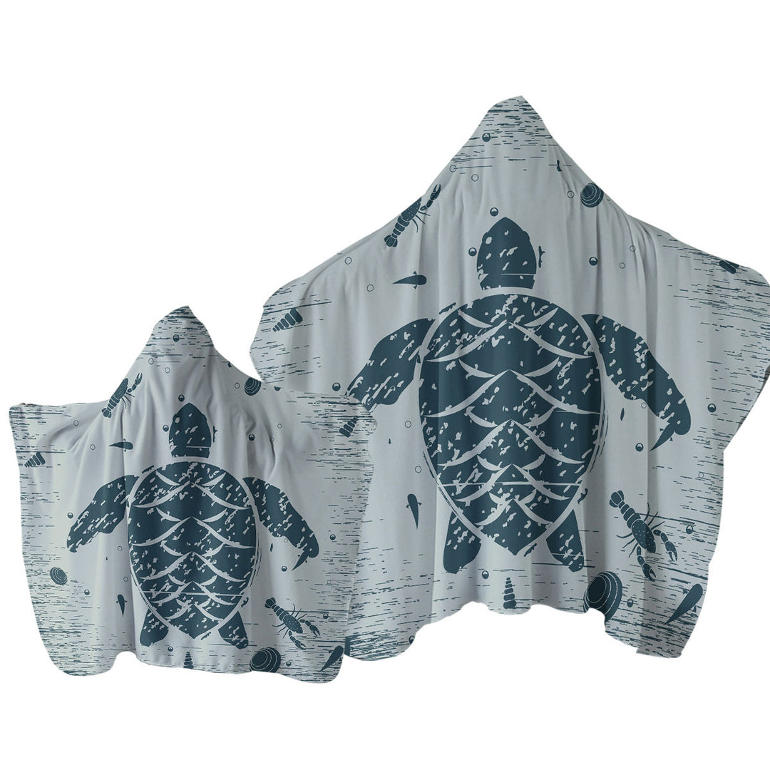 Hooded Beach Towel with Rustic Blue Lobster and Turtle