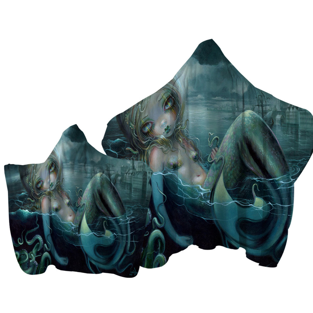 Hooded Beach Towel with Scary Underwater Art Innsmouth Mermaid