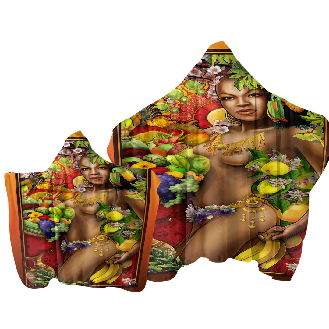 Hooded Beach Towel with Sexy Black Woman Goddess of Fruit