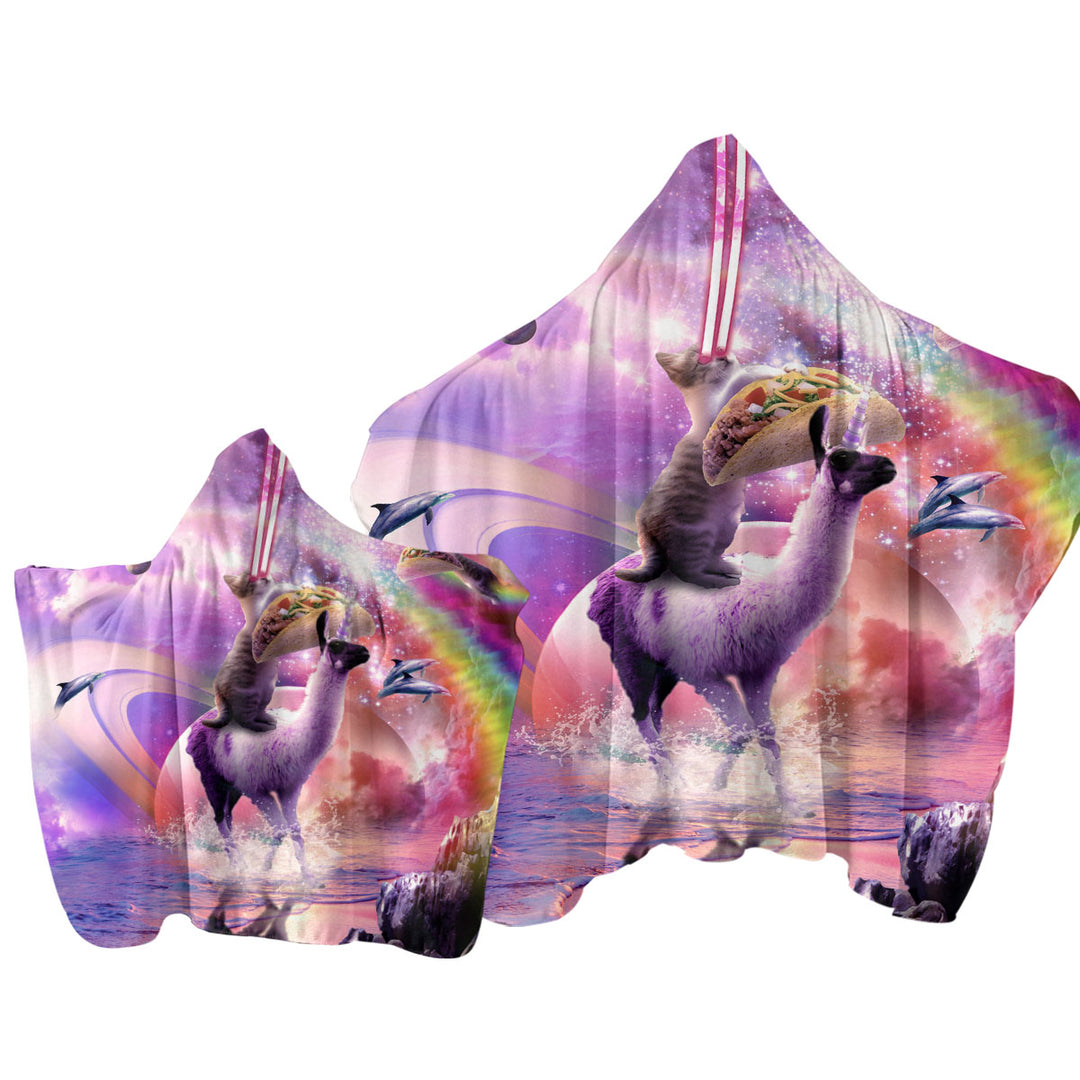 Hooded Beach Towel with Space Cat on Llama Unicorn Eating Taco Cool Art