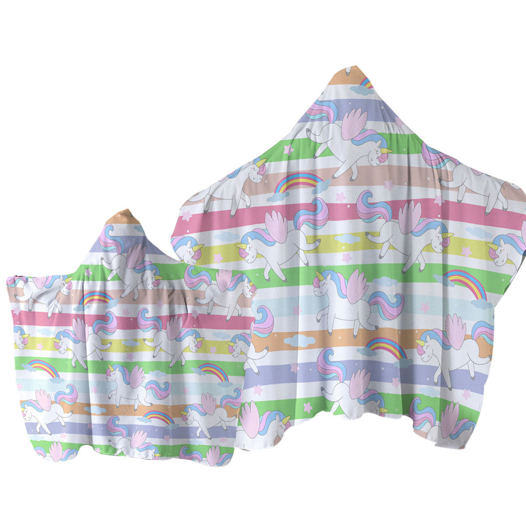 Hooded Beach Towel with Stripes and Rainbow Unicorn Pattern