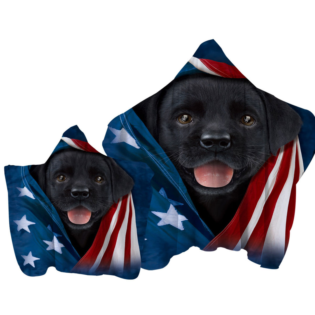 Hooded Beach Towel with USA Flag Cute Black Labrador Puppy