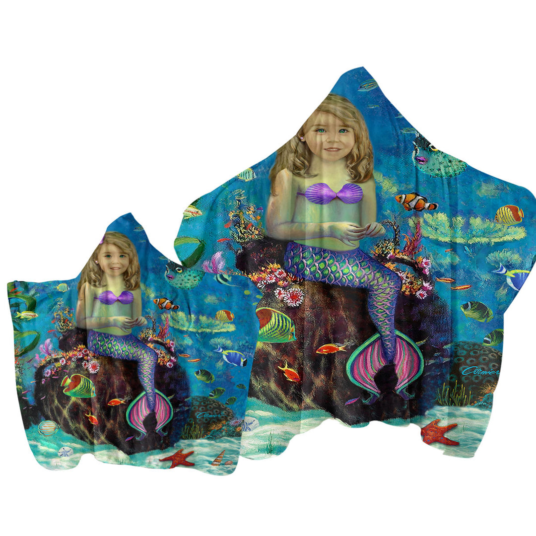 Hooded Beach Towel with Underwater Art Fish and Girl Mermaid on Urn