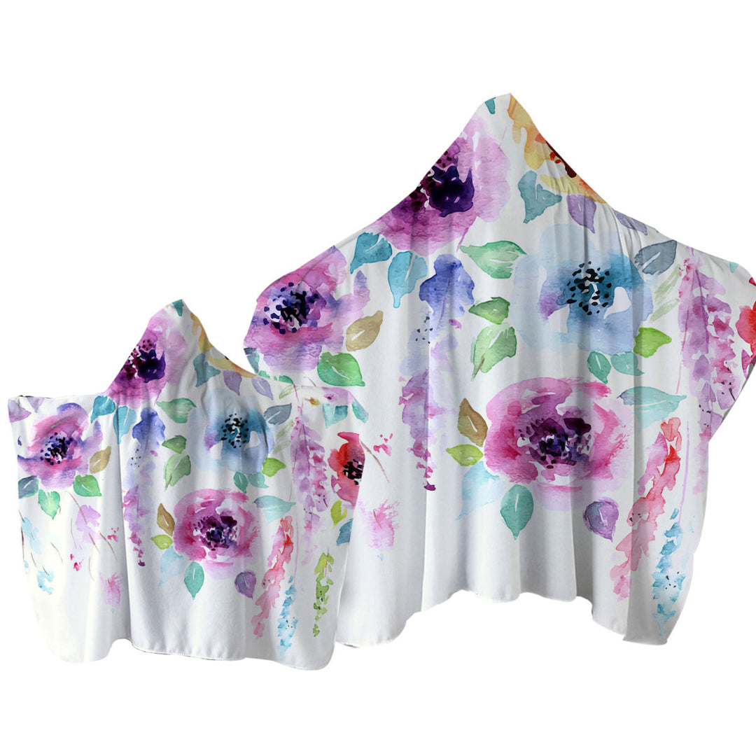 Hooded Beach Towel with Watercolor Floral Painting