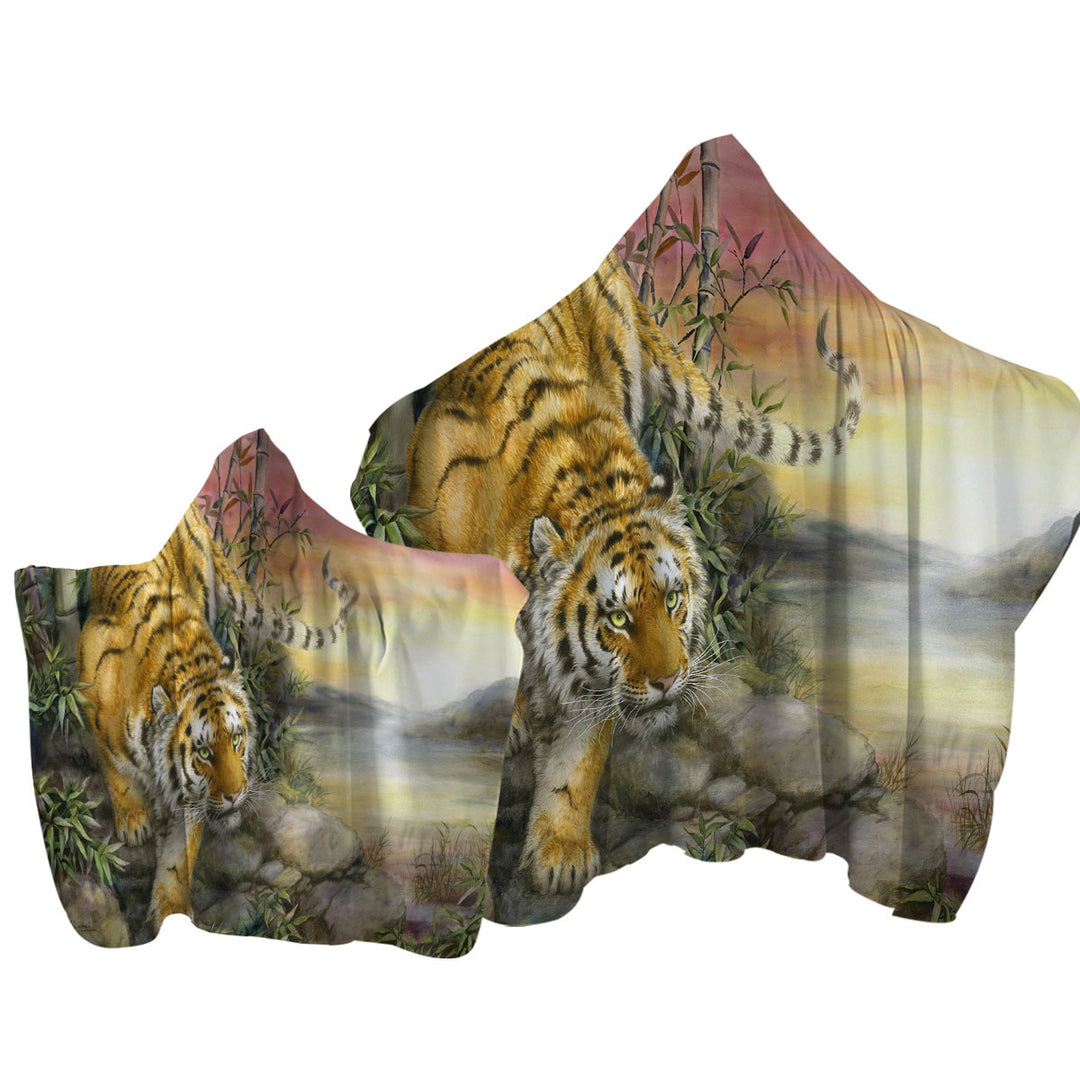 Hooded Beach Towel with Wild Animal Art Tiger at Sunrise Dawn