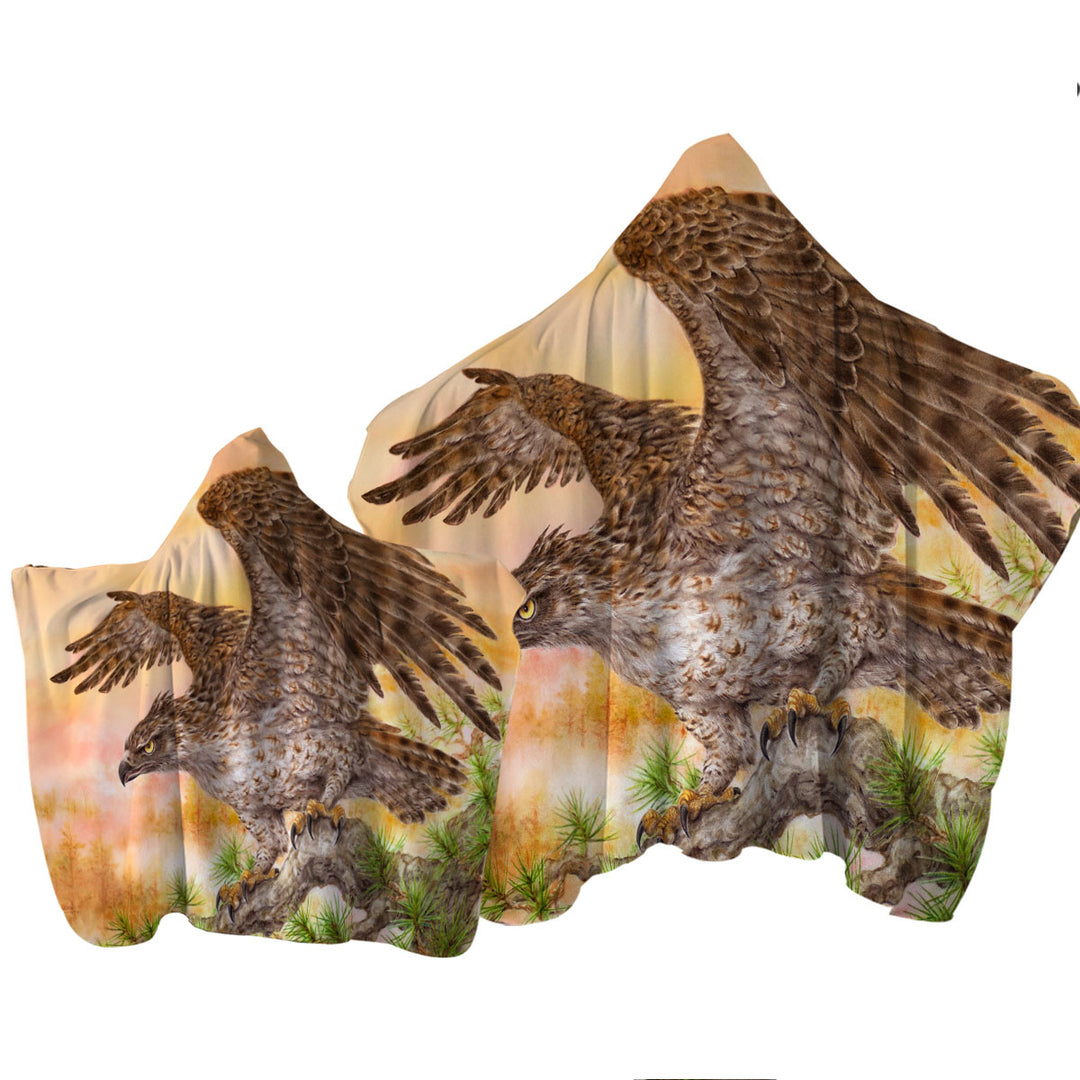 Hooded Beach Towel with Wild Life Animal Art Powerful Hawk