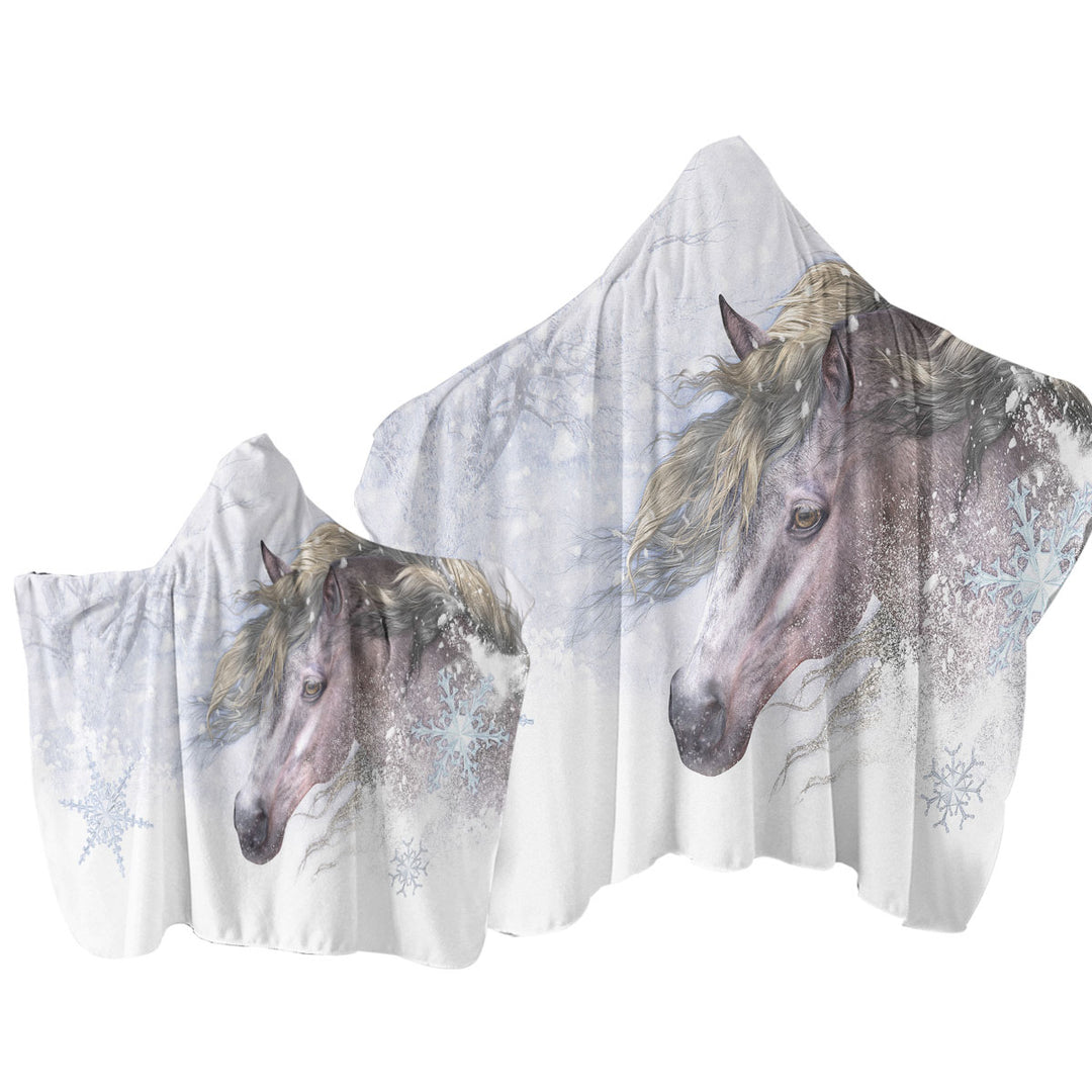 Hooded Beach Towel with Winter Snow and Bright Hair White Horse