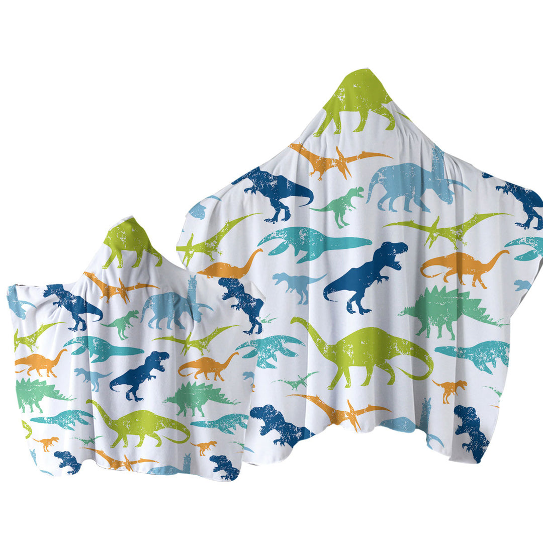 Hooded Beach Towel with Worn Multi Colored Dinosaurs