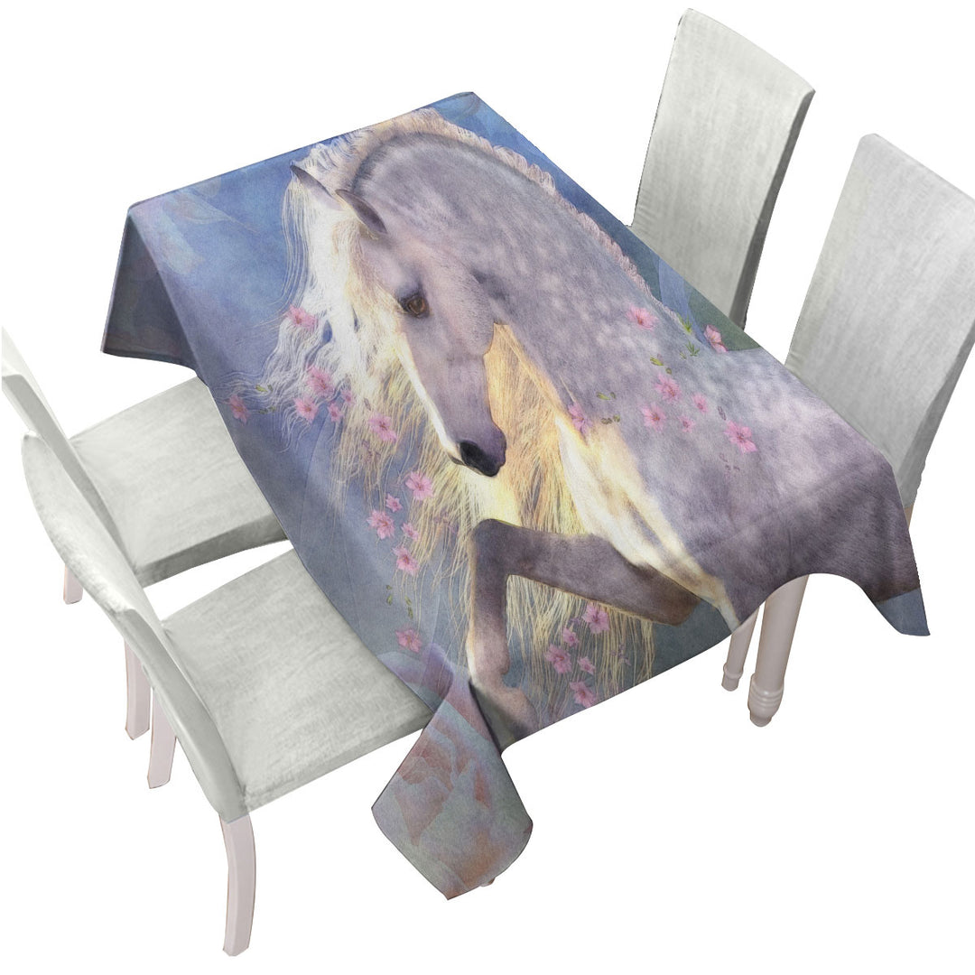 Horse Art Beautiful Pink Flowery White Horse Table Cover