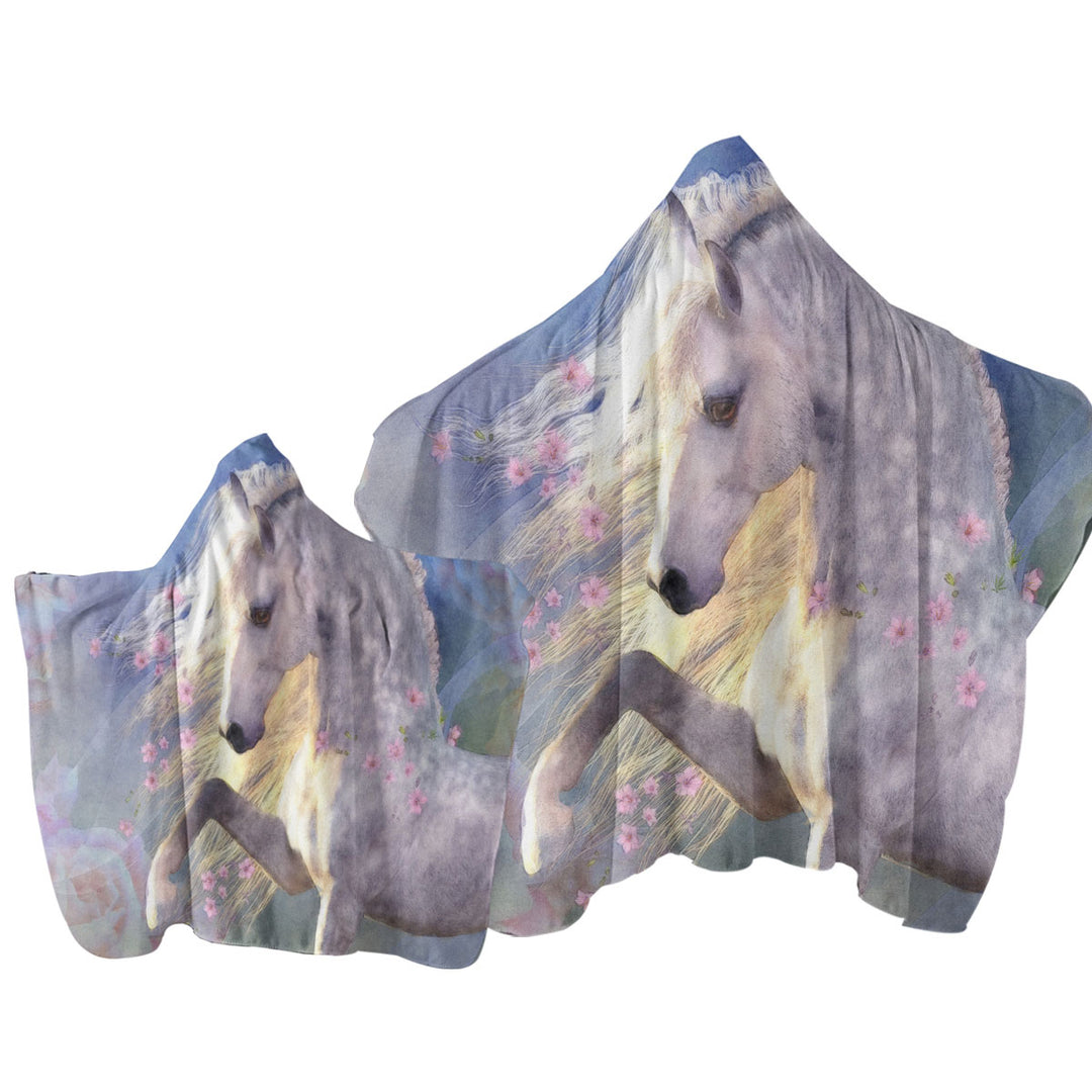 Horse Art Beautiful Pink Flowery White Horse Towel Hoodie