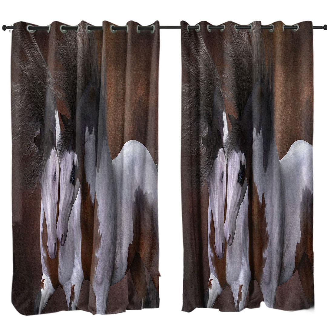 Horse Art Two Young White Brown Pinto Horses Curtains for Bedroom