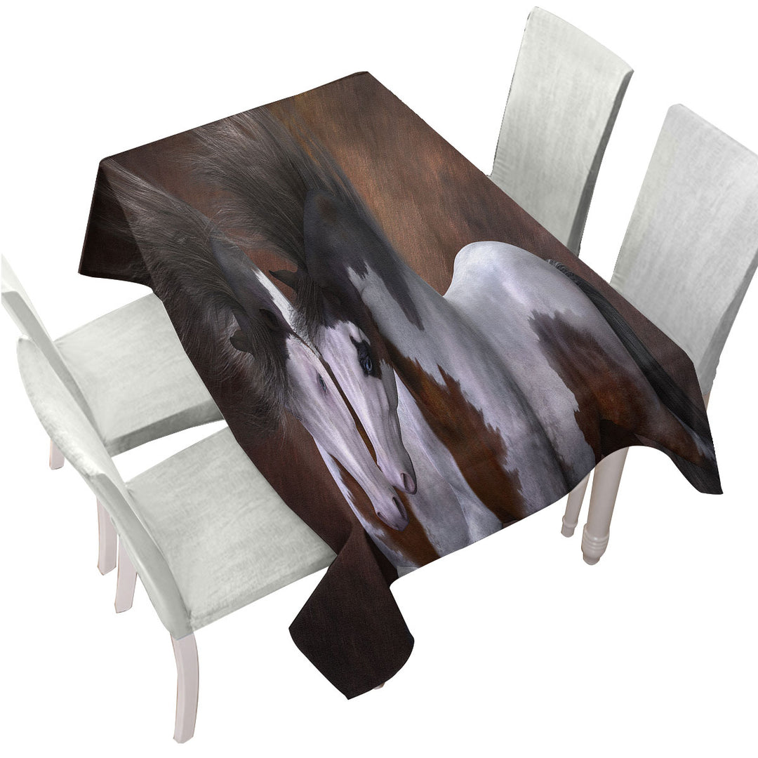 Horse Art Two Young White Brown Pinto Horses Tablecloth