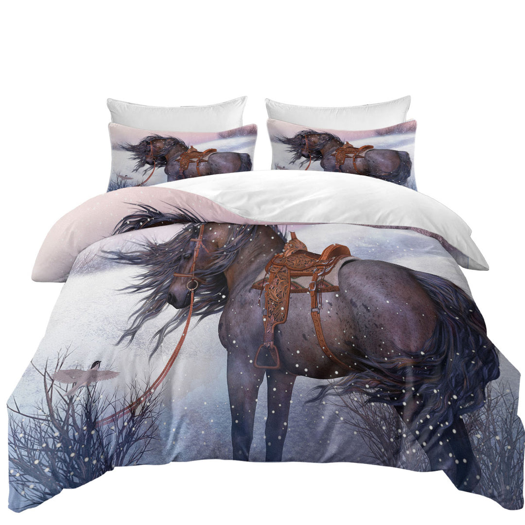 Horses Art Honorable Brown Horse in Winter Snow Bed Covers