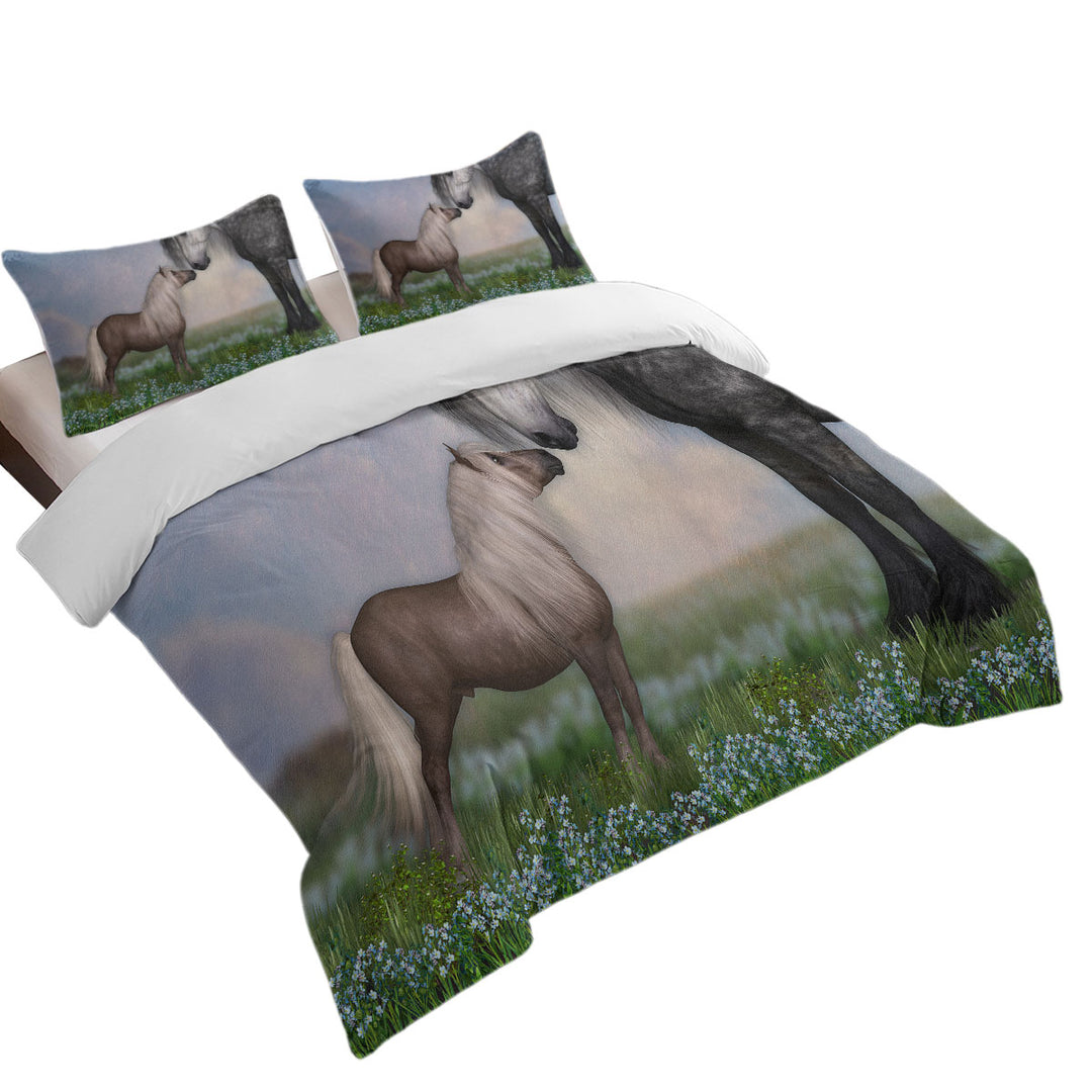 Horses Art Momma with Cute Foal in the Meadow California King Duvet Cover