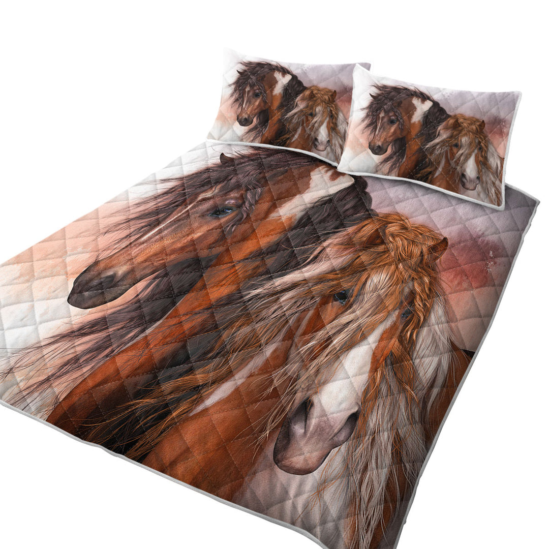 Horses Art Two Brown Pinto Horses King Size Quilt Sets