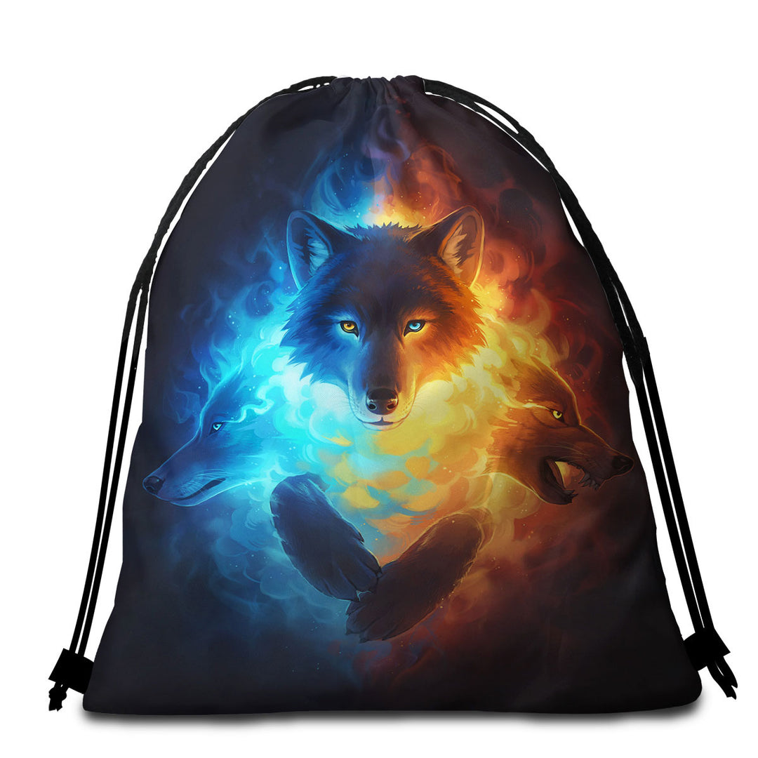 Inner Fight Ice Fire Wolves Beach Bags and Towels