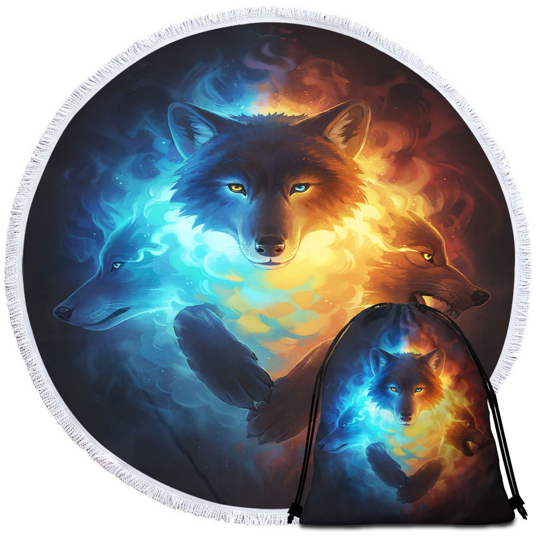 Inner Fight Ice Fire Wolves Circle Beach Towel