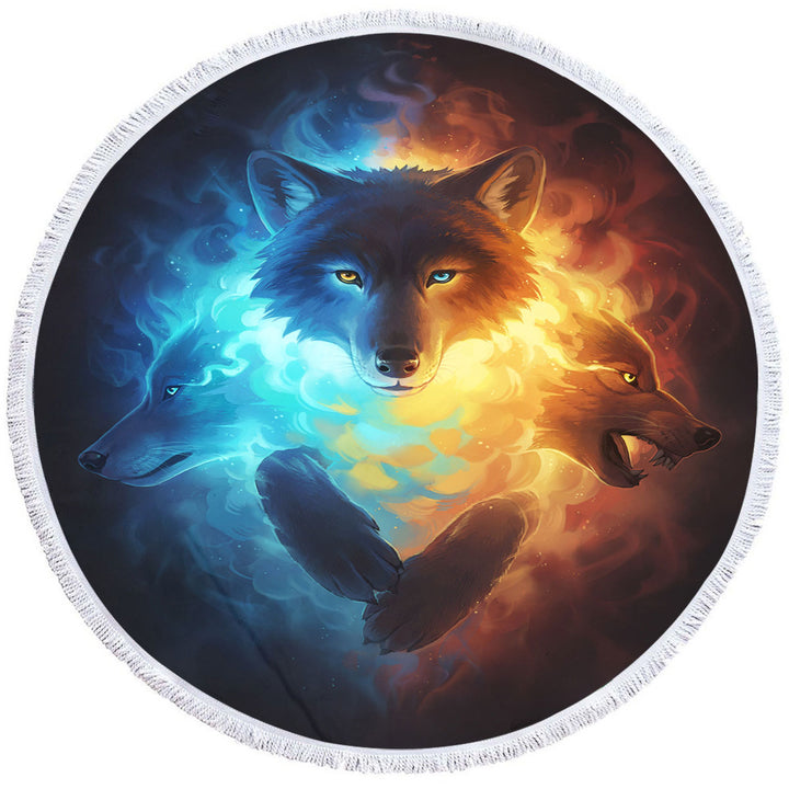 Inner Fight Ice Fire Wolves Round Beach Towel