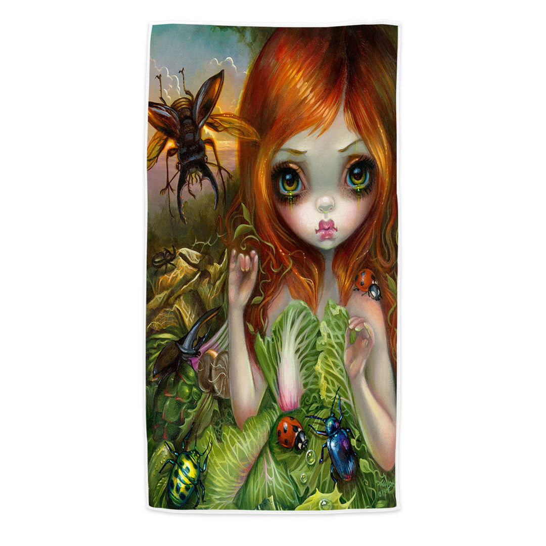 Insectarium Beautiful Red Haired Girl and Beetles Beach Towel