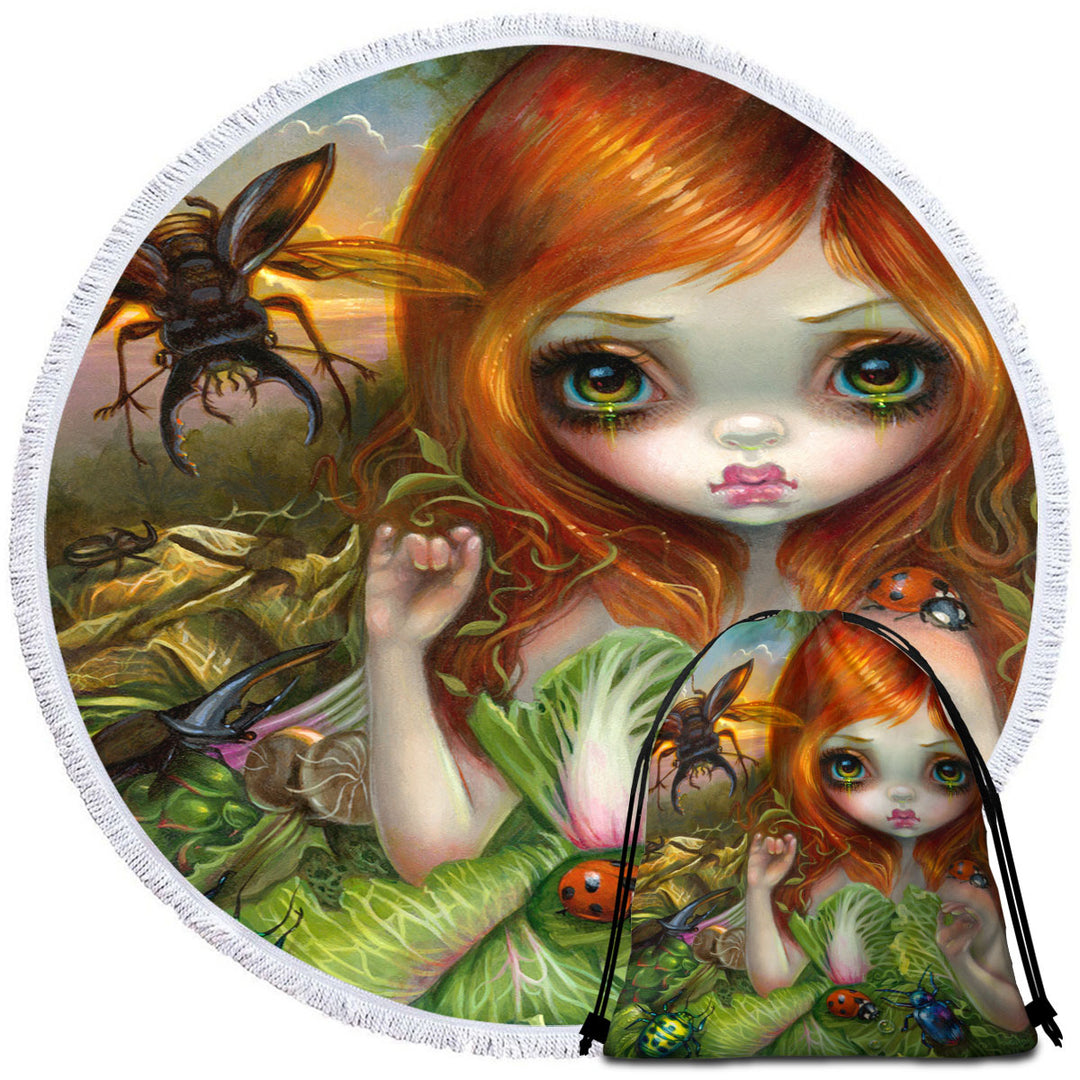 Insectarium Beautiful Red Haired Girl and Beetles Beach Towels and Bags Set