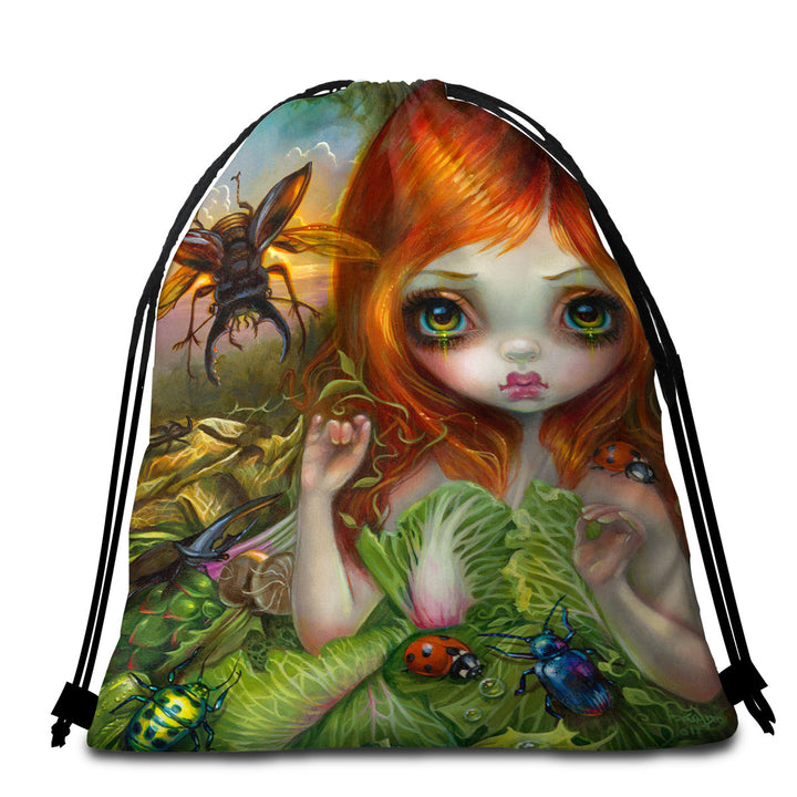 Insectarium Beautiful Red Haired Girl and Beetles Beach Towels on Sale