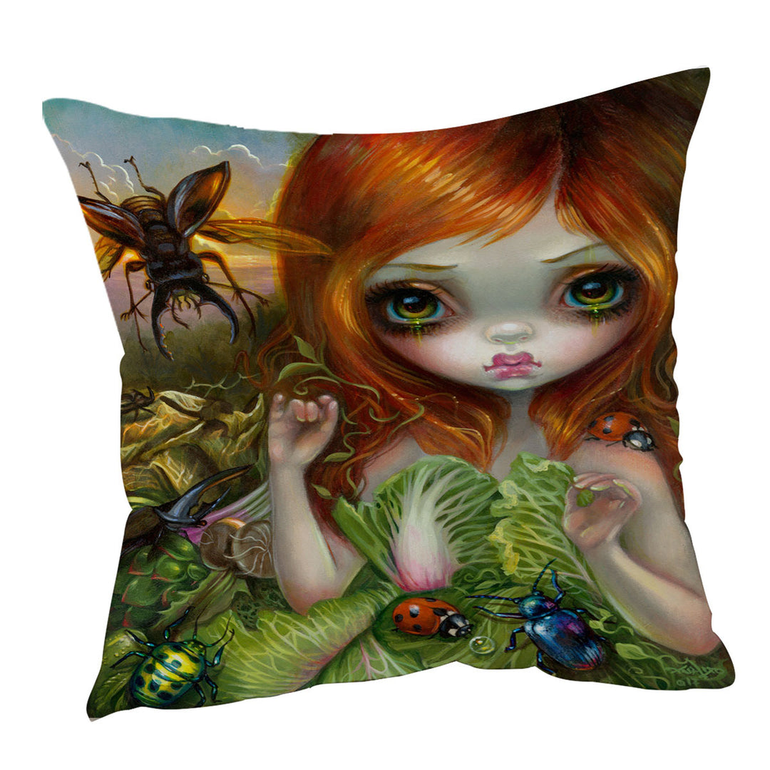 Insectarium Beautiful Red Haired Girl and Beetles Cushion Cover