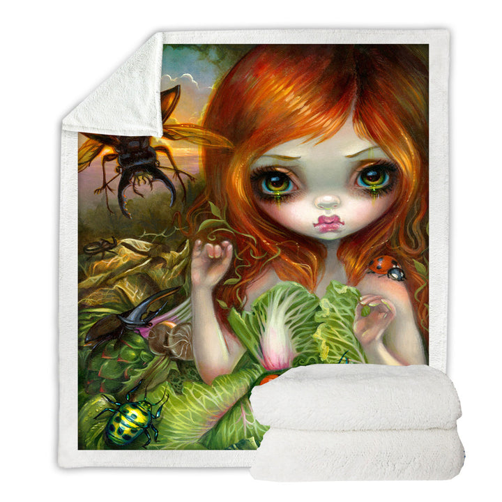 Insectarium Beautiful Red Haired Girl and Beetles Sherpa Blanket