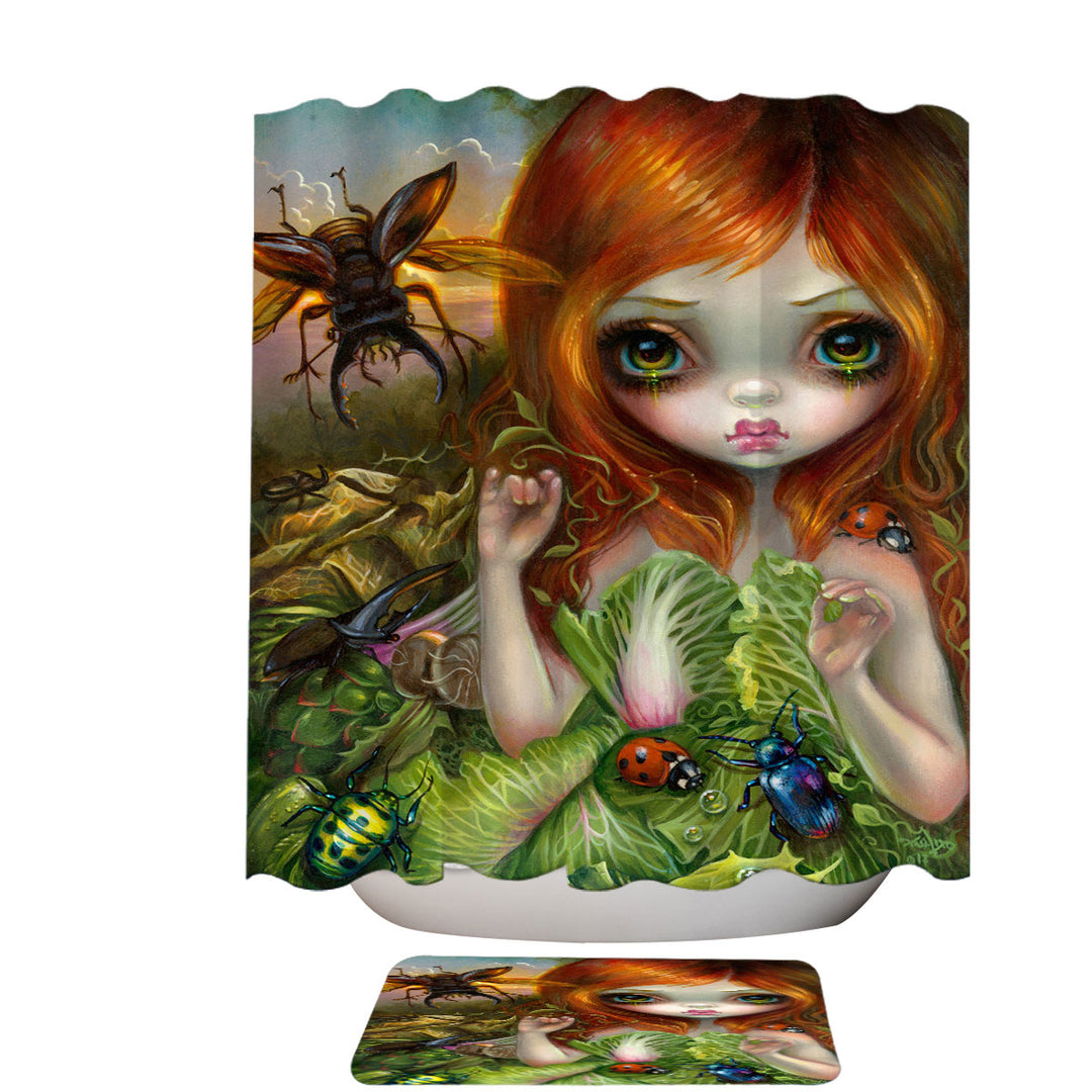 Insectarium Beautiful Red Haired Girl and Beetles Shower Curtain