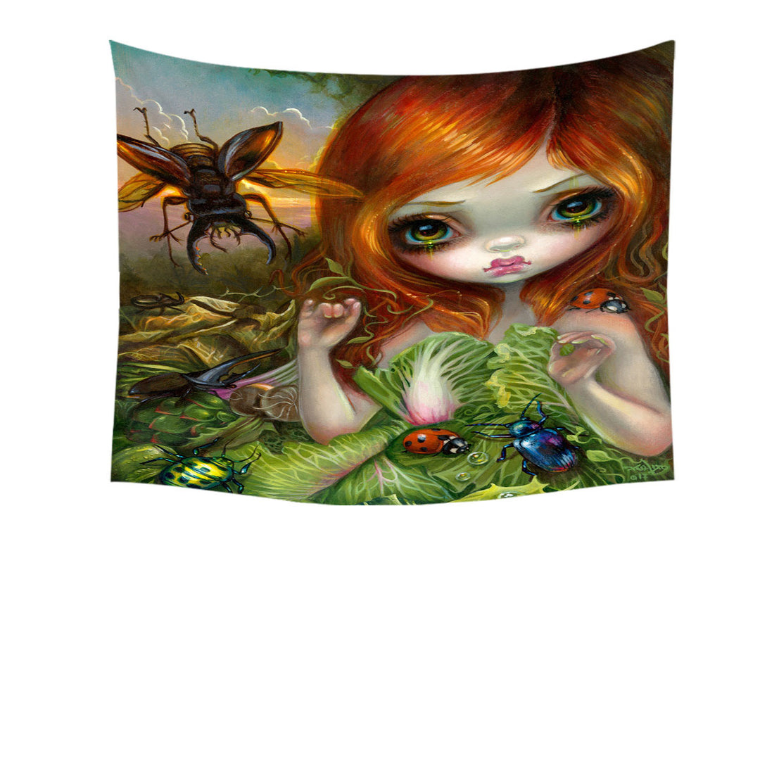 Insectarium Beautiful Red Haired Girl and Beetles Tapestry