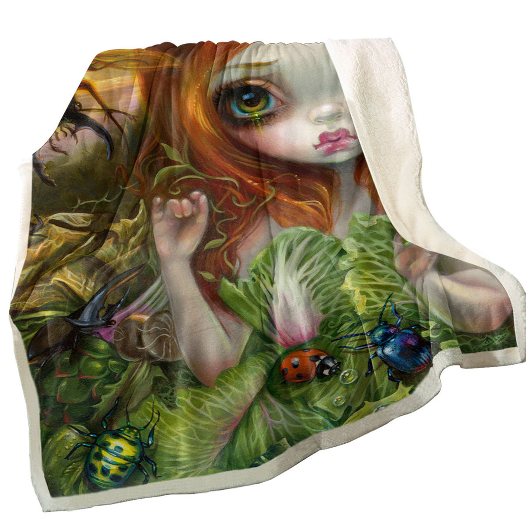 Insectarium Beautiful Red Haired Girl and Beetles Throw Blanket