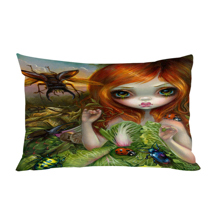 Insectarium Beautiful Red Haired Girl and Beetles throw pillow case covers