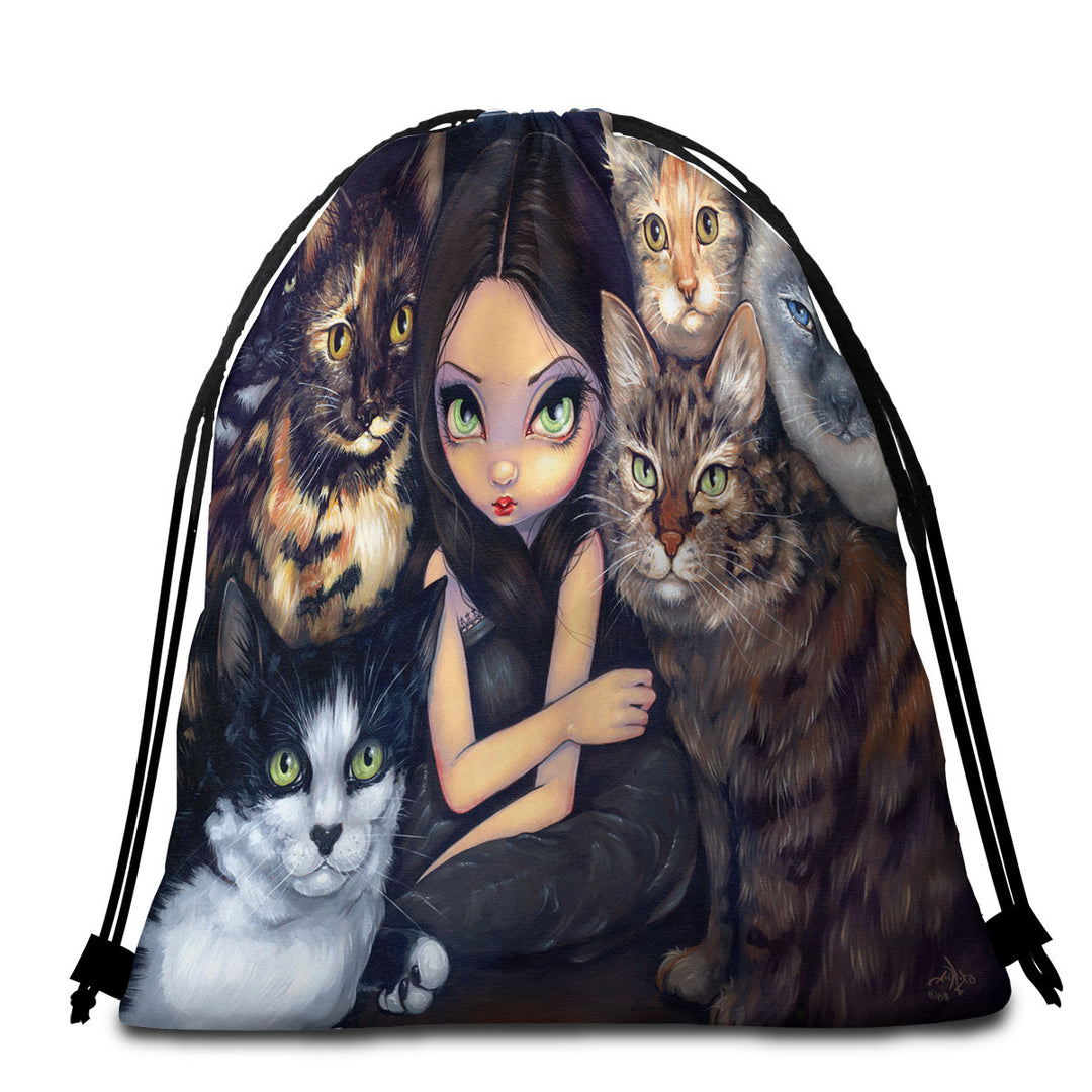 It is All About the Cats and Beautiful Girl Travel Beach Towel