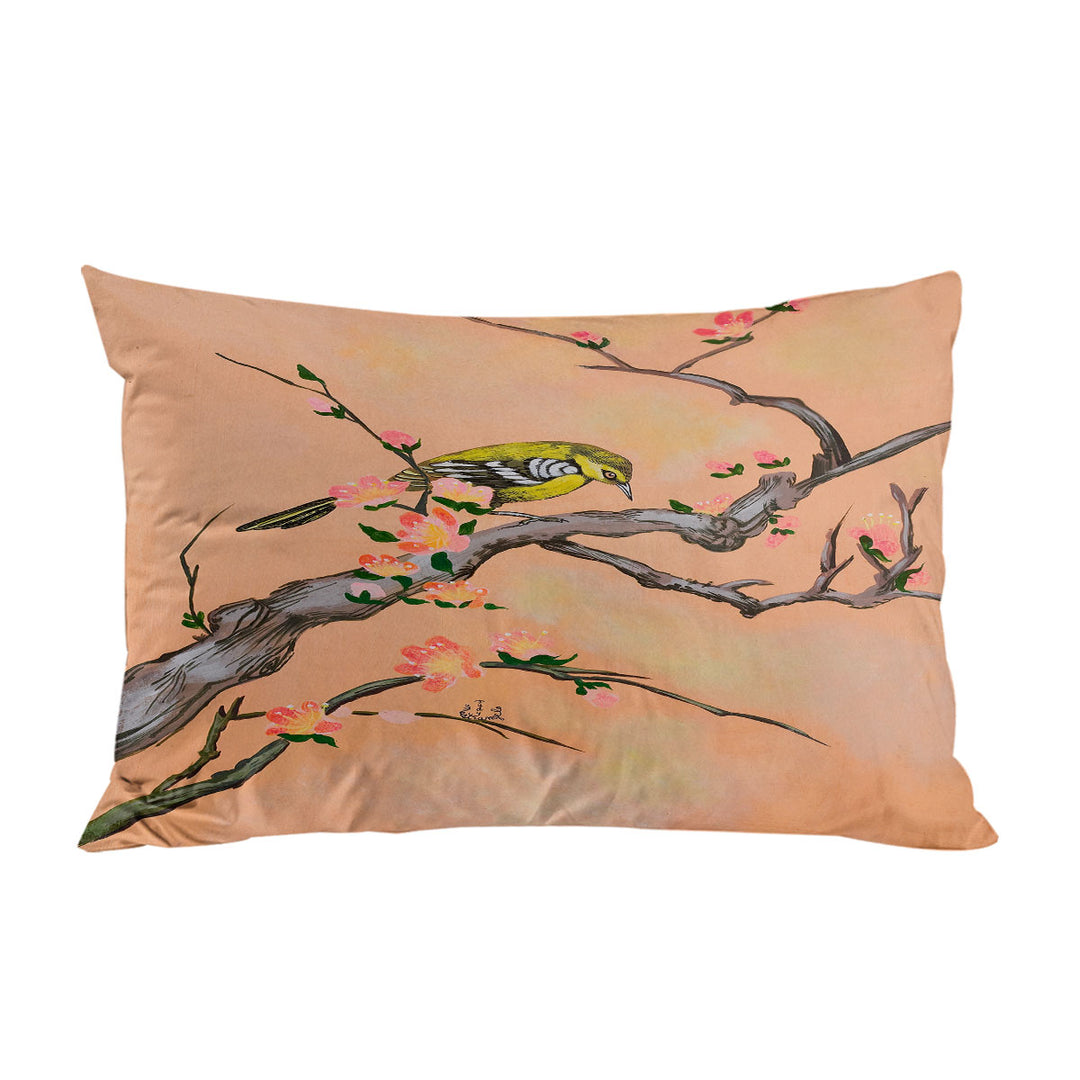 Japanese Art Painting Bird in Cherry Tree Pillowcase