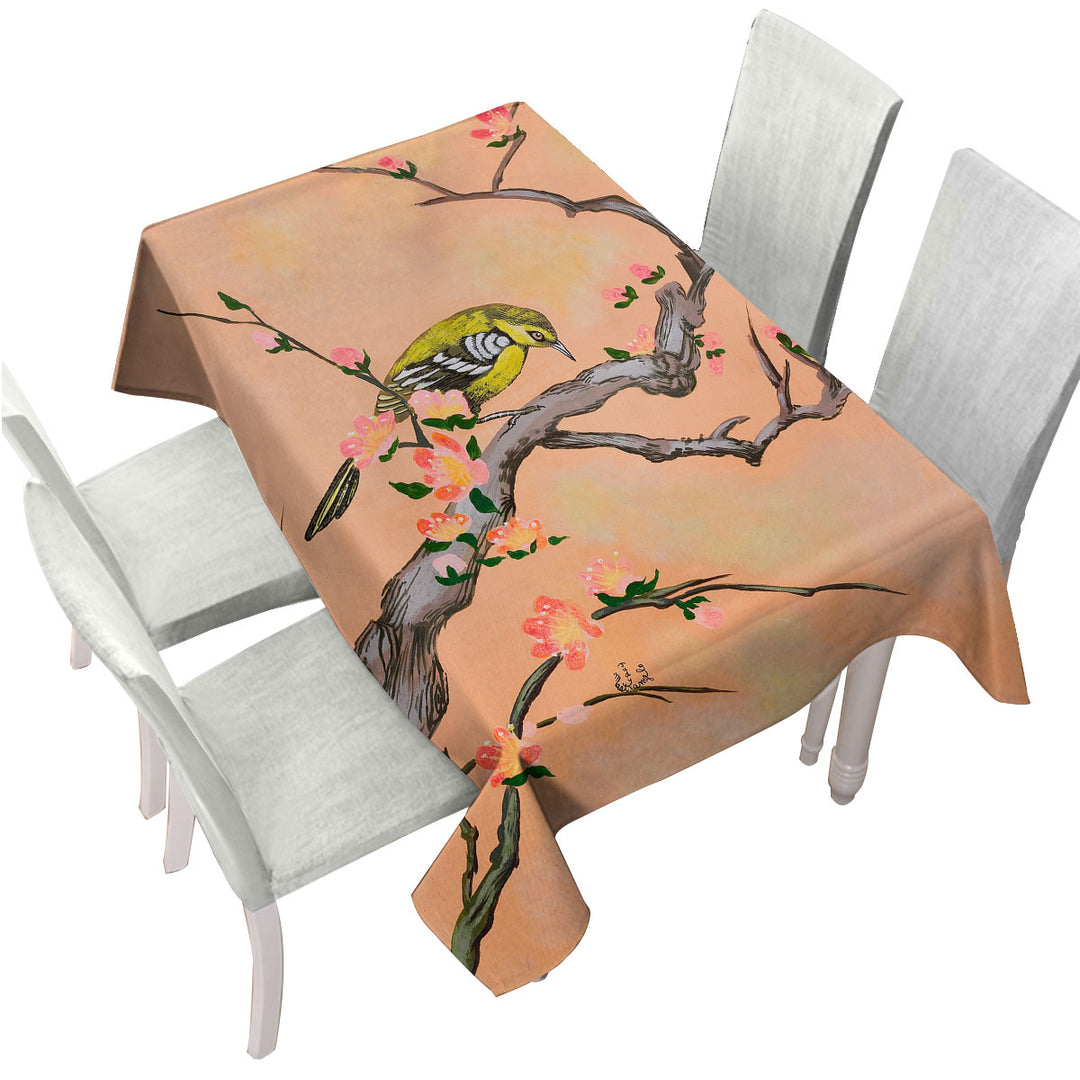 Japanese Art Painting Bird in Cherry Tree Tablecloth