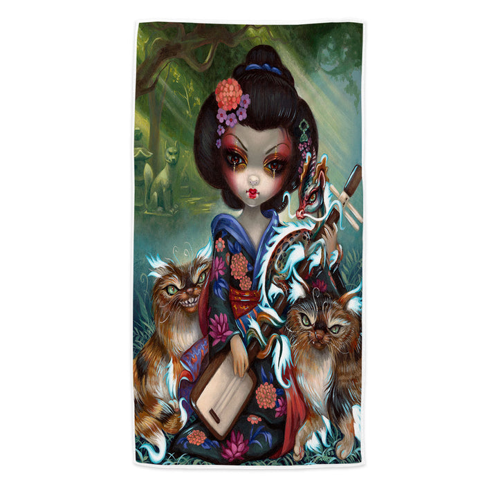 Japanese Beach Towels Fantasy Art Geisha Girl Kirin and Bakeneko