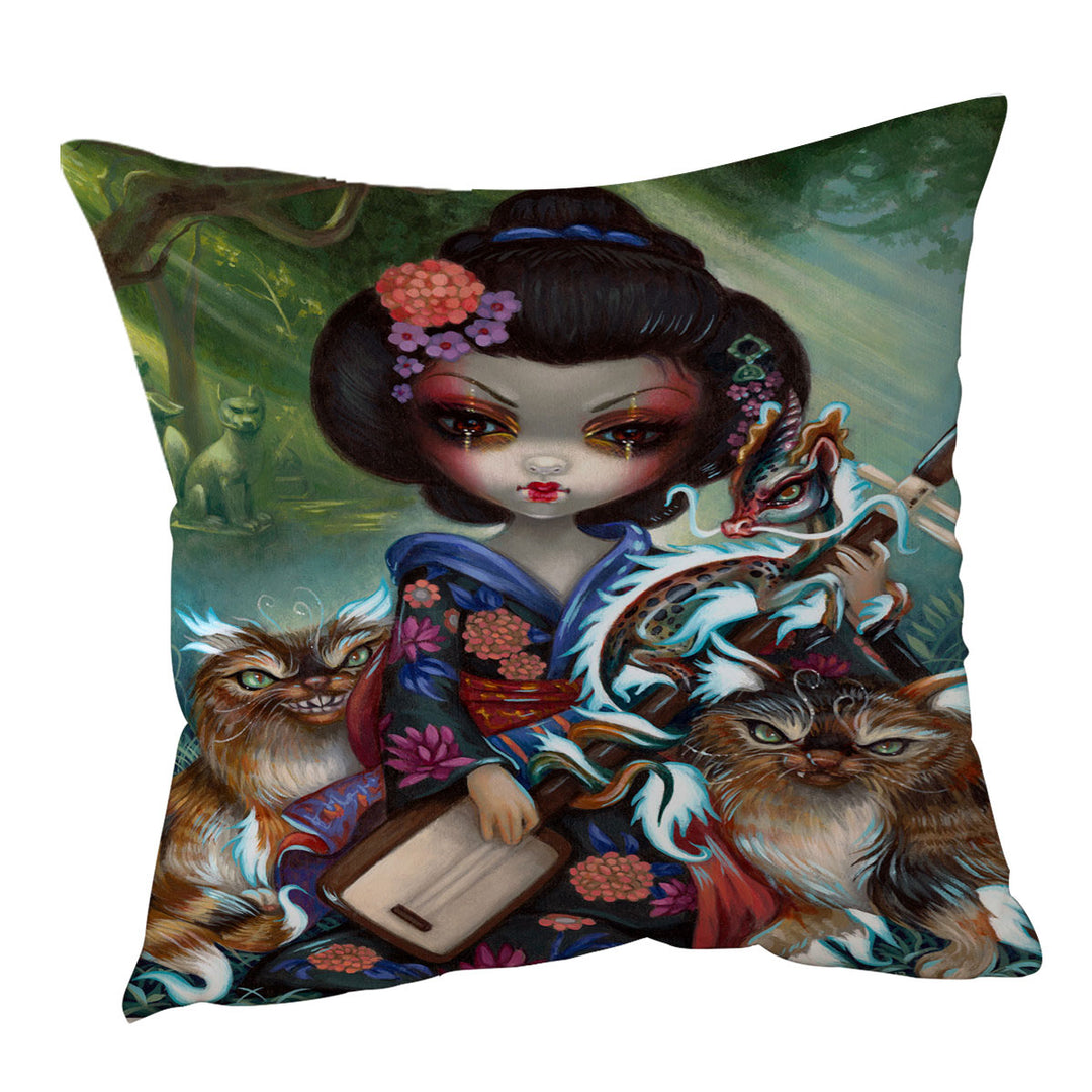 Japanese Cushion Covers Fantasy Art Geisha Girl Kirin and Bakeneko