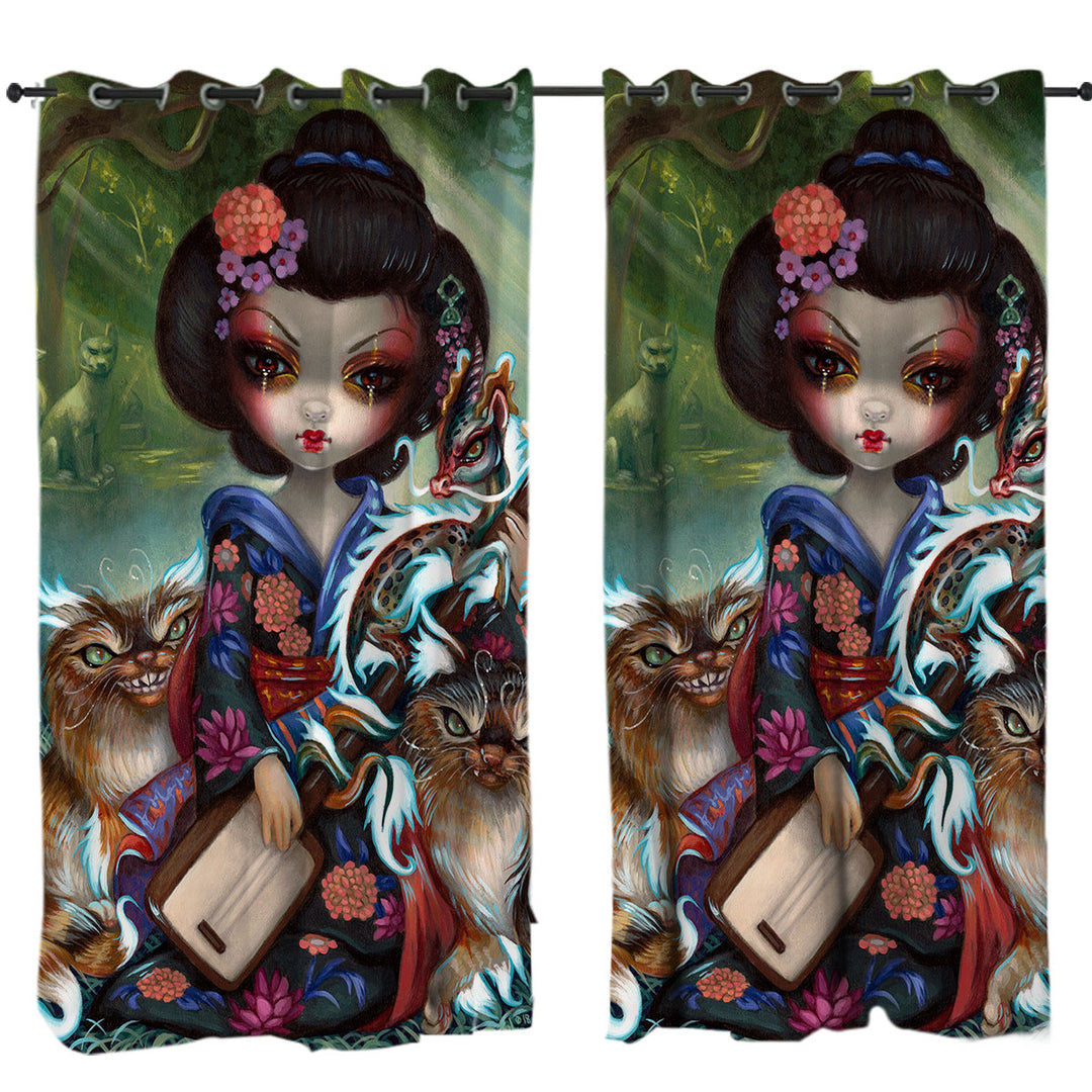 Japanese Fantasy Art Geisha Girl Kirin and Bakeneko Drapery