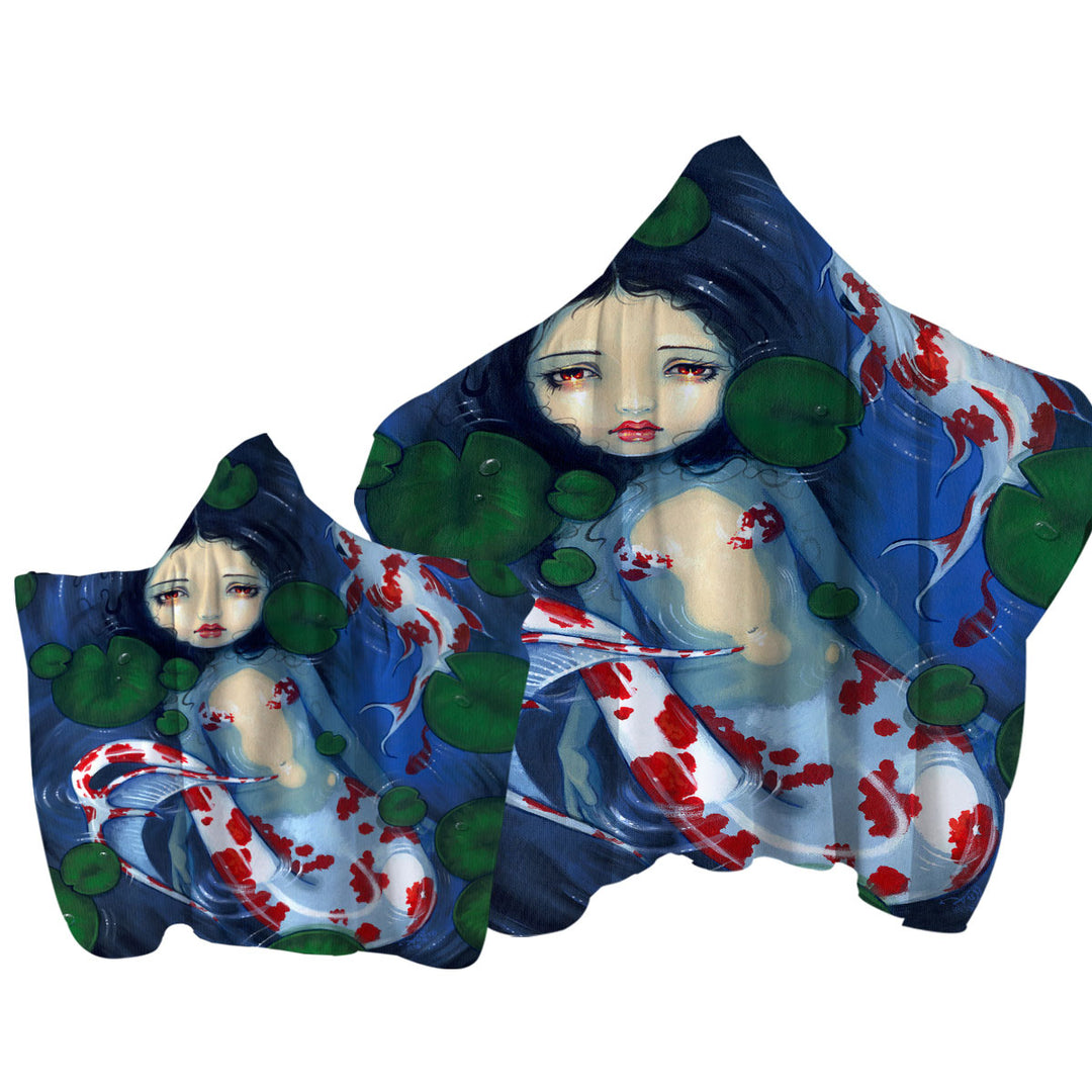 Japanese Garden Lily Pads and Koi Pond Mermaid Towel with Hood