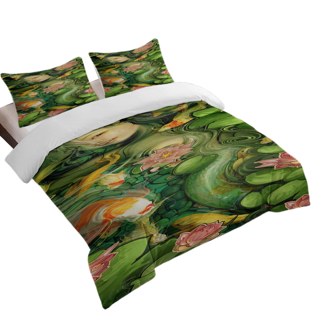 Japanese Koi Water Lilies and Beautiful Girl Comforter Cover