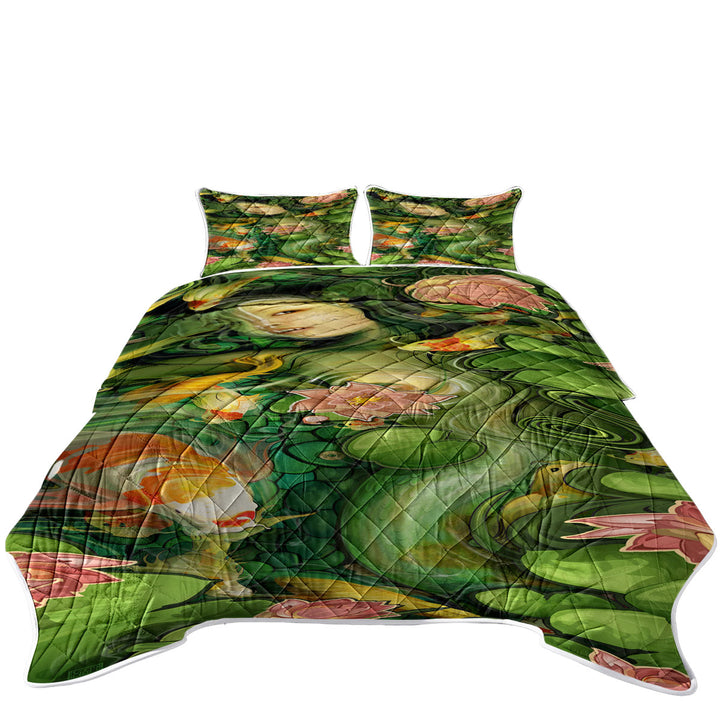 Japanese Koi Water Lilies and Beautiful Girl Coverlet