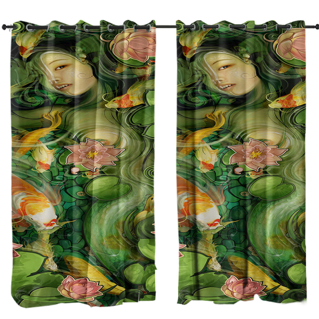 Japanese Koi Water Lilies and Beautiful Girl Drapes for Living Room