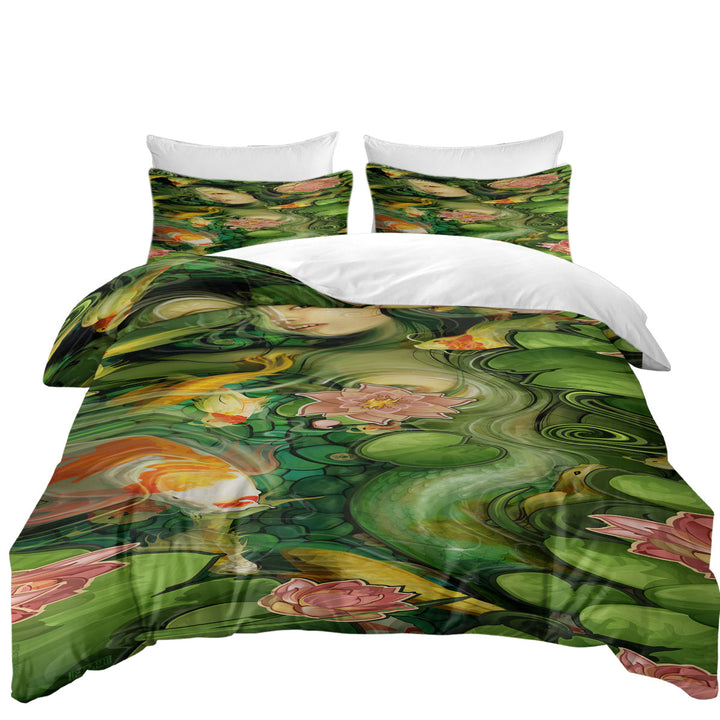 Japanese Koi Water Lilies and Beautiful Girl Duvet Cover