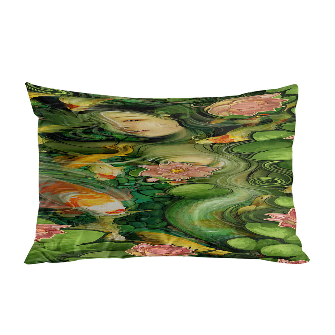 Japanese Koi Water Lilies and Beautiful Girl Pillow Cases